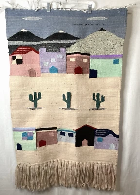 Colgante de pared de lana tejida escena de pueblo del suroeste 29" x 41" montañas de cactus Foto 1 de 4