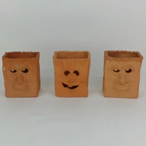 3-Terracotta Pottery Funny Faces Trick or Treat Bag Planters/ Luminaries - Picture 1 of 12