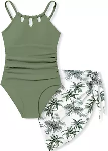 Girls Swimsuit Quick Dry Cut Out One Piece Swimsuits with Tropical Print Cover u - Picture 1 of 20