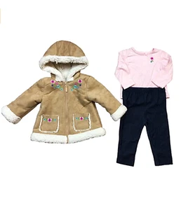 Little Me Girls 3-Piece Jacket, Top, Pant Outfit Set, Tan Floral Fleece Jacket - Picture 1 of 2