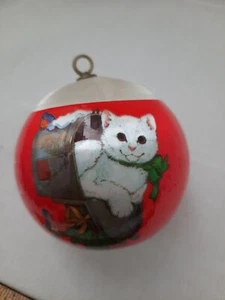 1982 American Greetings Cat In Mailbox Christmas White Satin Ball Tree Ornament - Picture 1 of 9