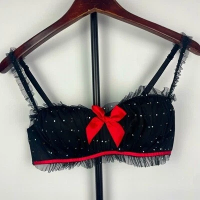 Frederick's of Hollywood Black Red Burlesque Mesh Demi Bedazzled Ruffle Mesh Bra - Image 1 of 4
