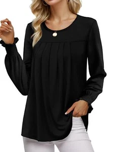 Womens Fashion Pleated Crew Neck Long Sleeve Shirts Loose Fit Tops - Picture 1 of 14