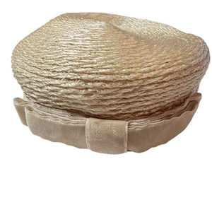 Vintage Union Made Stroh Pillbox Hut mit Samtband Schleife Beige - Bild 1 von 5