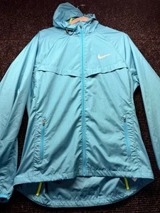 Nike Laufjacke Herren Large blau kariert Swoosh Logo Raglanärmel Kapuze - Bild 1 von 9