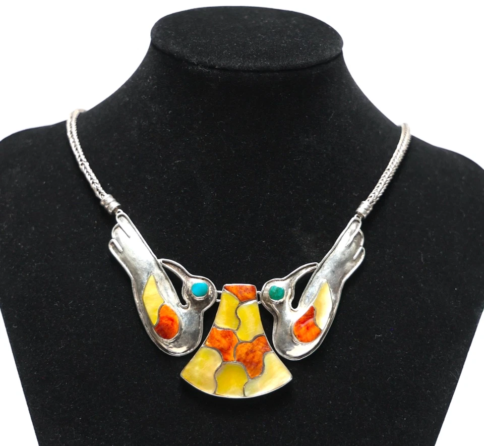 Vintage Enamel Shell Gem Stone Inlay Multicolor Birds Sterling Silver Necklace - Image 1 of 4