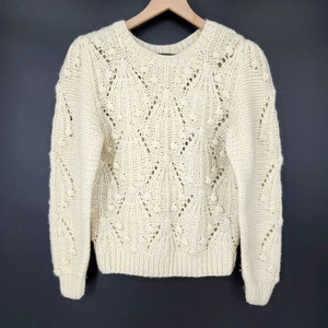 Vintage Talbots Damen 100% Wolle Pullover Größe M Creme Kugeln Offen Strick Preppy - Bild 1 von 8