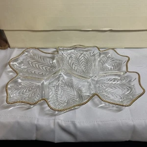 Vintage Jeanette Glass Feather Leaf Gold Beaded Rim Divided Serving Relish Tray - Picture 1 of 6