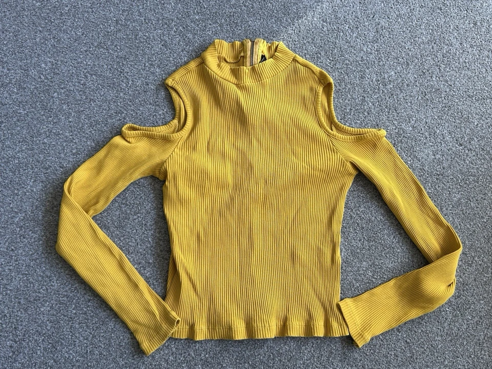 women’s yellow ribbed cold shoulder long sleeve top - Image 1 of 4