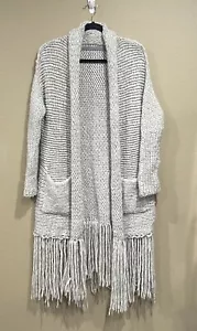 Cárdigan Largo Suéter Lana Alpaca Tejido Abierto Talla 0 Flecos Grises - Imagen 1 de 12