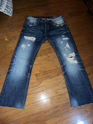 Jeans Cult Of Individuality azul denim desgastado borda crua tamanho 31 costura interna alterada - Imagem 1 de 4