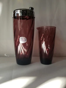 Cocktail Mixer Shaker Set, Hazel Atlas Moroccan Amethyst Glass Swirl NICE COND! - Picture 1 of 22