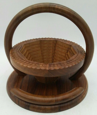 Wood Basket Hand Carved Foldable Bowl Ornate Vtg MCM Detailed TURNS INTO TRIVET! Cover