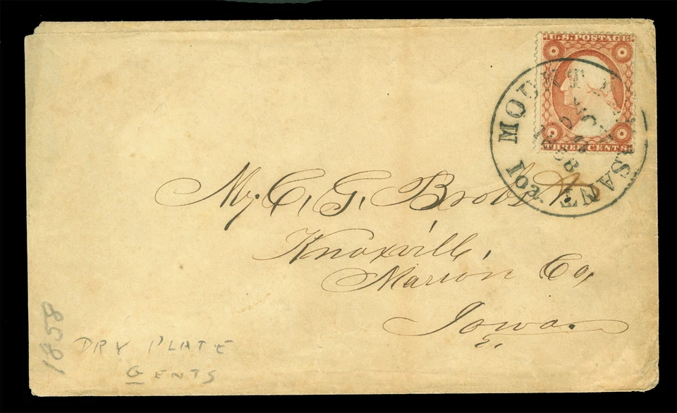 US 1858.NOV.20 Washington 3c red  DRY PLATE Sc 26var railroad MOUNT PLEASANT pmk - Image 1 of 3