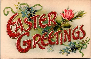 Vintage Postkarte Ostergrüße 1910 rot blau Blumen rosa Rose geprägt - Bild 1 von 2