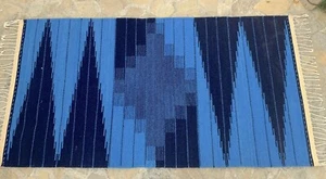 Zapotec Geometric Modern Blue Accent Rug 31x 60 Inch Hand Woven Wool Tapestry - Picture 1 of 13