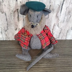 Large Gray Christmas Mouse Plush Holiday 12" Stuffed Animal Plaid Vest Glasses - Picture 1 of 9