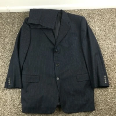 Hickey Freeman 44R Flannel Wool Cashmere Pinstripe 2 PC Suit Navy Blue 34x30 - Image 1 of 4