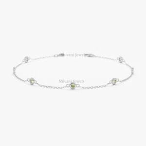Certified Natural Peridot 5 Stone Station Chain Bracelet 7" in Solid 14k Gold - Picture 1 of 10