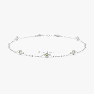 Certified Natural Peridot 5 Stone Station Chain Bracelet 7" in Solid 14k Gold - Image 1 of 4