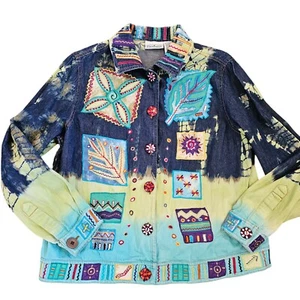 90s Retro Denim Jean Jacket Patchwork Artsy Embroidered Blue Folk Art Sz M - Picture 1 of 15