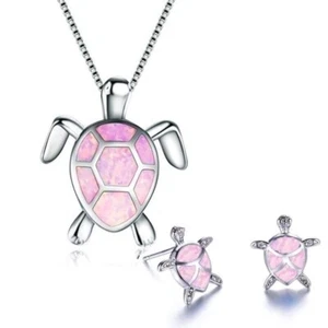 Pink & Silver Turtle Necklace and Earring Stud Set - Picture 1 of 3