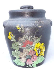 ANTIQUE COOKIE JAR FOLK ART PAINTED Vintage Pottery Stoneware Lid Crock Handles - Picture 1 of 8