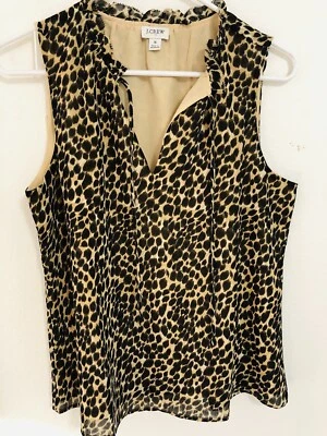 J. Crew Tank Size S Leopard Print Blouse v-neck Tie Neck Ruffle Lined Career Top - Image 1 of 4