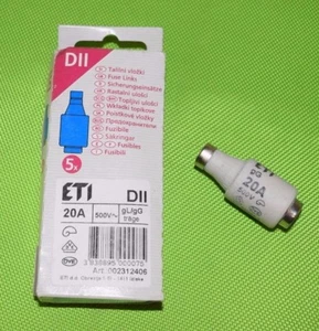 5x ETI Diazed DII E27 Schmelzeinsatz Sicherung 20A träge gL/gG - Bild 1 von 1