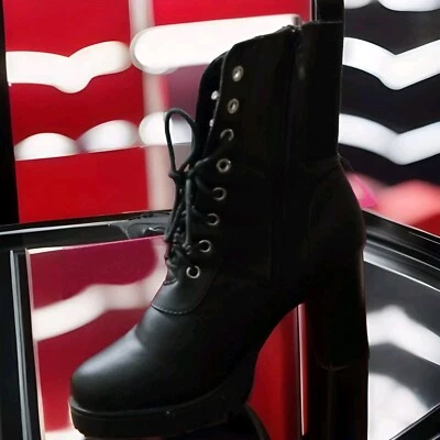 Bota de combate Forever 21 tacón bloque para mujer talla 9 cuero negro con cordones Foto 1 de 4