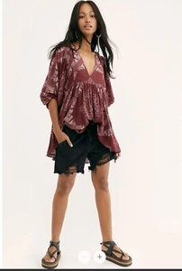 Free People Vneck Balloon Sleeve Girl Talk Tunic Size Small Burgundy Boho - Picture 1 of 8