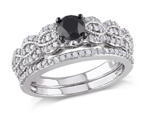 1.00 Carat (ctw) Black and White Diamond Engagement Ring and Wedding Band Set in - Picture 1 of 5