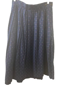 VTG Lands End COTTON Pleated floral Midi Skirt Size 14 navy blue Cottagecore - Picture 1 of 8