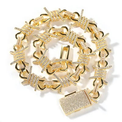 19MM Ice Out Hip Hop Large Barbed Wire Bracelet 5AAA+ CZ 14k Real Gold Plated - Image 1 of 4
