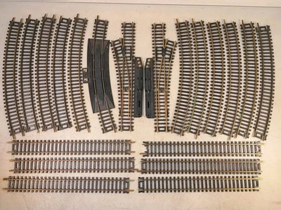 Lot Tyco HO Scale Brass Track: LH & RH Remote Switches, 12 Curved & 6 Straight  - Image 1 of 4