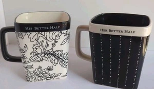 2 Hallmark Mugs His Her Better Half Black White Dotted Line Floral Coffee Cups - Picture 1 of 4