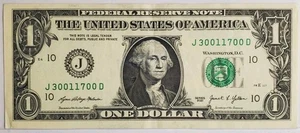Billete de cumpleaños/aniversario billete de un dólar de $1 30 de enero de 1700 SN: J30011700D  - Imagen 1 de 2