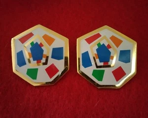 Vintage 1980's Enamel Earrings Cubist Mondrian Style Primary Colors + Green BIG - Picture 1 of 1