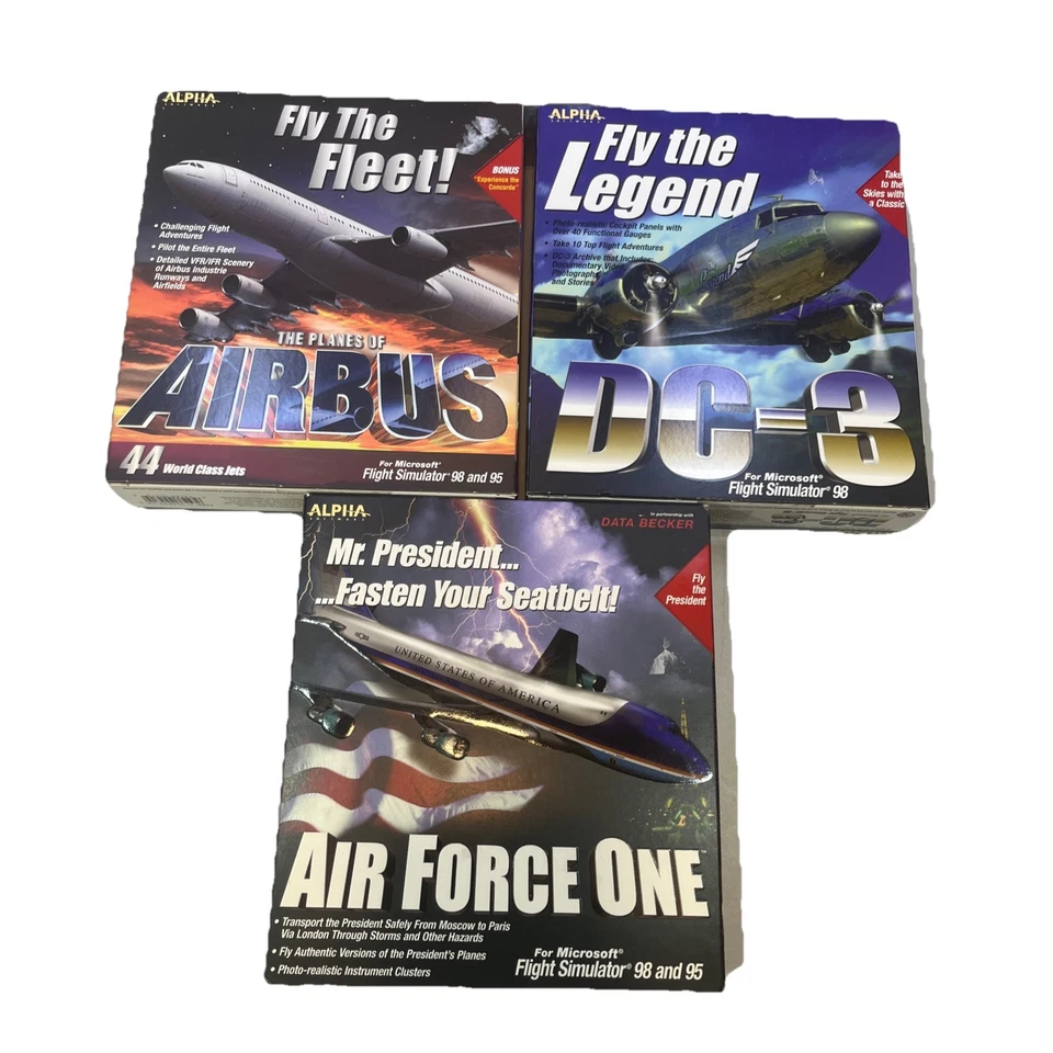 3 Microsoft Flight Simulators Big Box Air Force One, DC-9, Planes Of Airbus NOS - Image 1 of 4