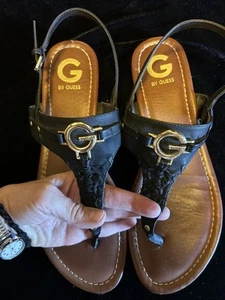 G By Guess Black/Gold Thong Sandal Summer Flats Beach Boho Shoes 11M - Picture 1 of 9