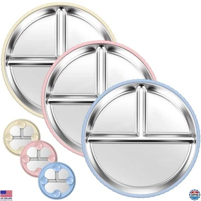 Platos de acero inoxidable para niños con succión, paquete de 3 platos divididos para niños pequeños de 9" Foto 1 de 4