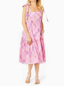 NWT Lilly Pulitzer Anlee Pink Isle Madras Plaid Cotton Tier Midi Dress Size 12 - Picture 1 of 6