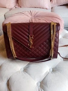 AUTHENTIC YSL YVE SAINT LAURENT LARGE QUILTED ENVELOPE SHOULDER BAG BURGUNDY NEW - Picture 1 of 7