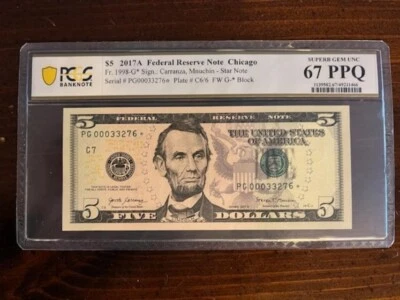 2017A $5 STAR NOTE Dollar Bill (CHICAGO) PCGS 67 PPQ Superb Gem  Uncirculated  - Image 1 of 3