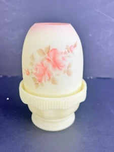 Fenton Burmese 2-Piece Fairy Lamp with Painted Roses by T. Berdine (Mendenhall) - Picture 1 of 10