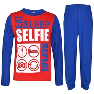 Kids Girls Boys Red & Blue Pajamas Eat Sleep Selfie Repeat Loungewear PJS 2-13Yr - Picture 1 of 9