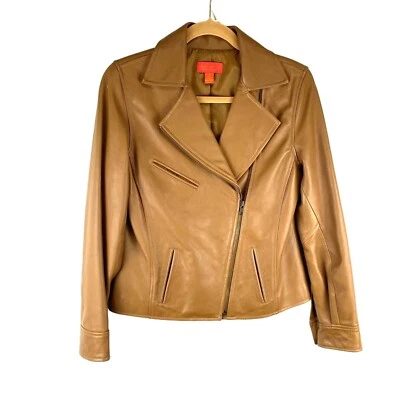Women Med Moto Leather Jacket Biker Academia Full Zip Lined  Jacket Lt Brown - Image 1 of 4
