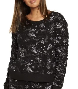 CHASER Shirred Sleeve Sweatshirt In Mystical Star Print M BLACK PURPLE NEW 5012 - Picture 1 of 8