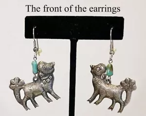 Vintage Chinese Double-sided Silver Dog Dangling Earrings - Picture 1 of 11