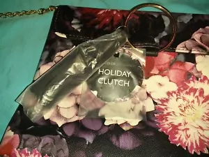 FLORAL VINYL Holiday Clutch Arcadia Beauty Labs 7.5" L & 10" W Black Pink Purse - Picture 1 of 10